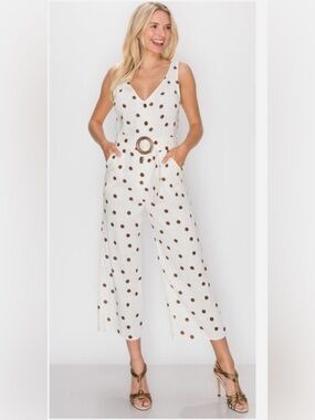 Monteau Sleeveless White Polka Dot Wide‑Leg Jumpsuit with Belt size XS